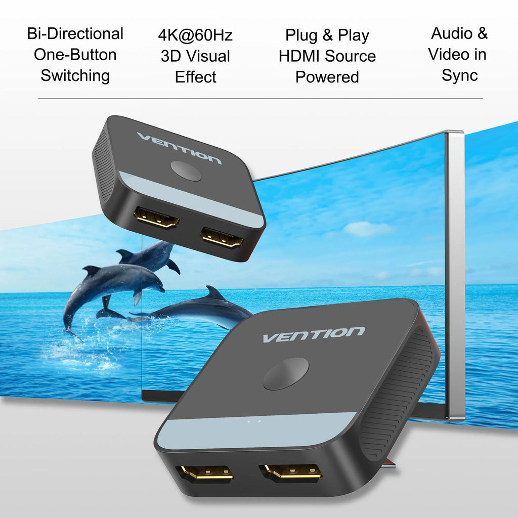 Vention New HDMI 2.0 Splitter Switch 2 in 1 4K@60Hz HDMI Bi-Directional Switcher Converter Monitor Adapter for PS5 Xbox Laptop