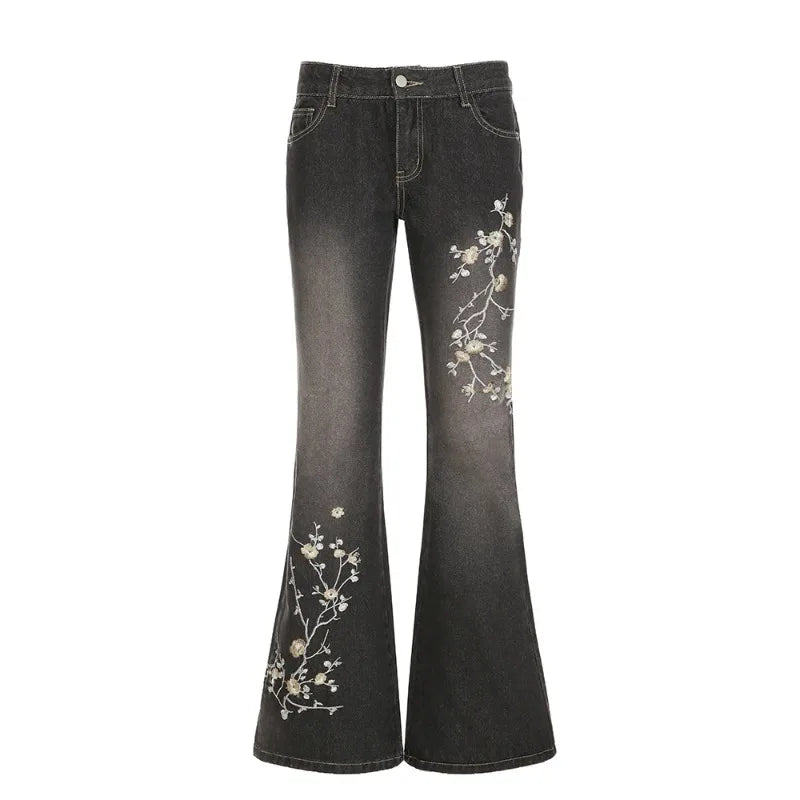 Weekeep Floral Embroidery Jeans Vintage 2000s Low Rise Flared Jeans Women Retro  Baggy Denim Pants High Street Basic Trousers