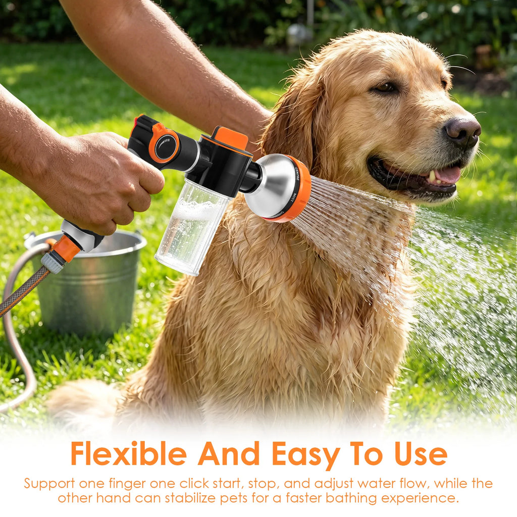 Dog Wash Hose Attachment 8 Pattern Spray Nozzle Thumb Control Pet Shower Sprayer Foam Soap Dispenser For Yard Car Washing