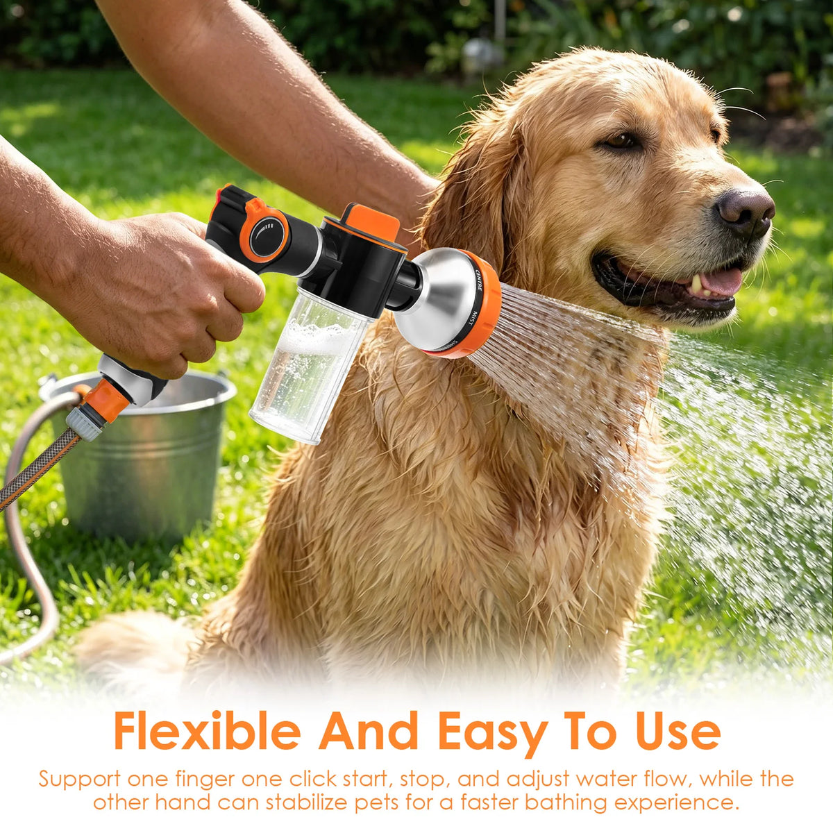 Dog Wash Hose Attachment 8 Pattern Spray Nozzle Thumb Control Pet Shower Sprayer Foam Soap Dispenser For Yard Car Washing