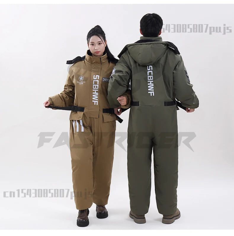 Winter Waterproof Windproof Ski Suit Thick Fleece Jumpsuit for Men Women, Cold Resistant Motorcycle Riding Suit