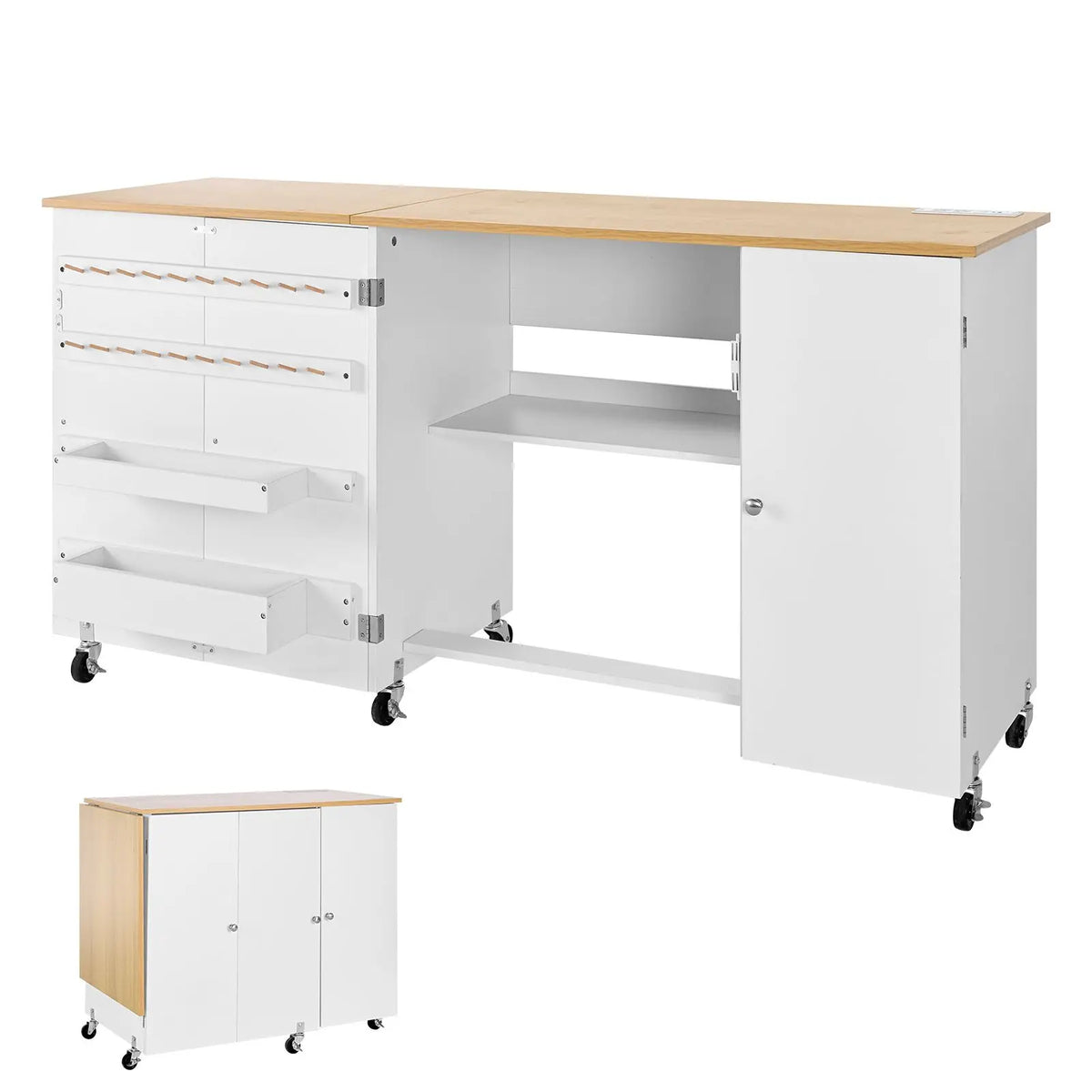 "Sewing Machine Table Cabinet with Wheels & Wooden Pegs-Folding Multipurpose Charging Station Compact Design"