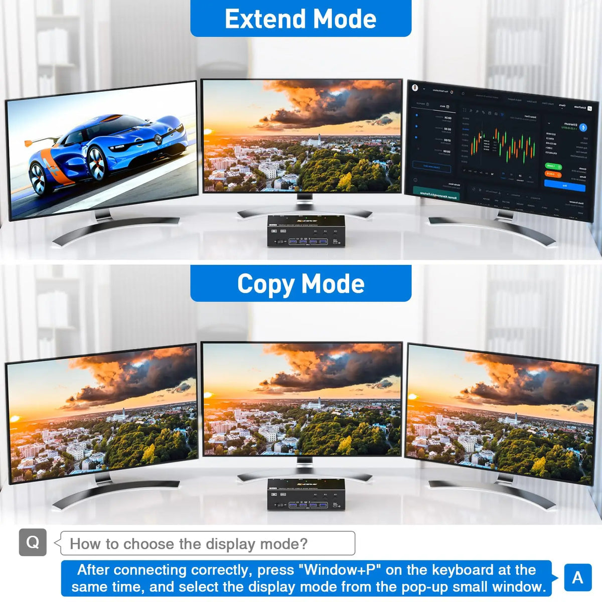 Triple/Dual HDMI/Displayport KVM Switch 3/2 Monitors 3/2 Computers USB 3.0 KVM for 8K@60Hz 4K@144Hz With 4 USB3.0 Keyboard Mouse