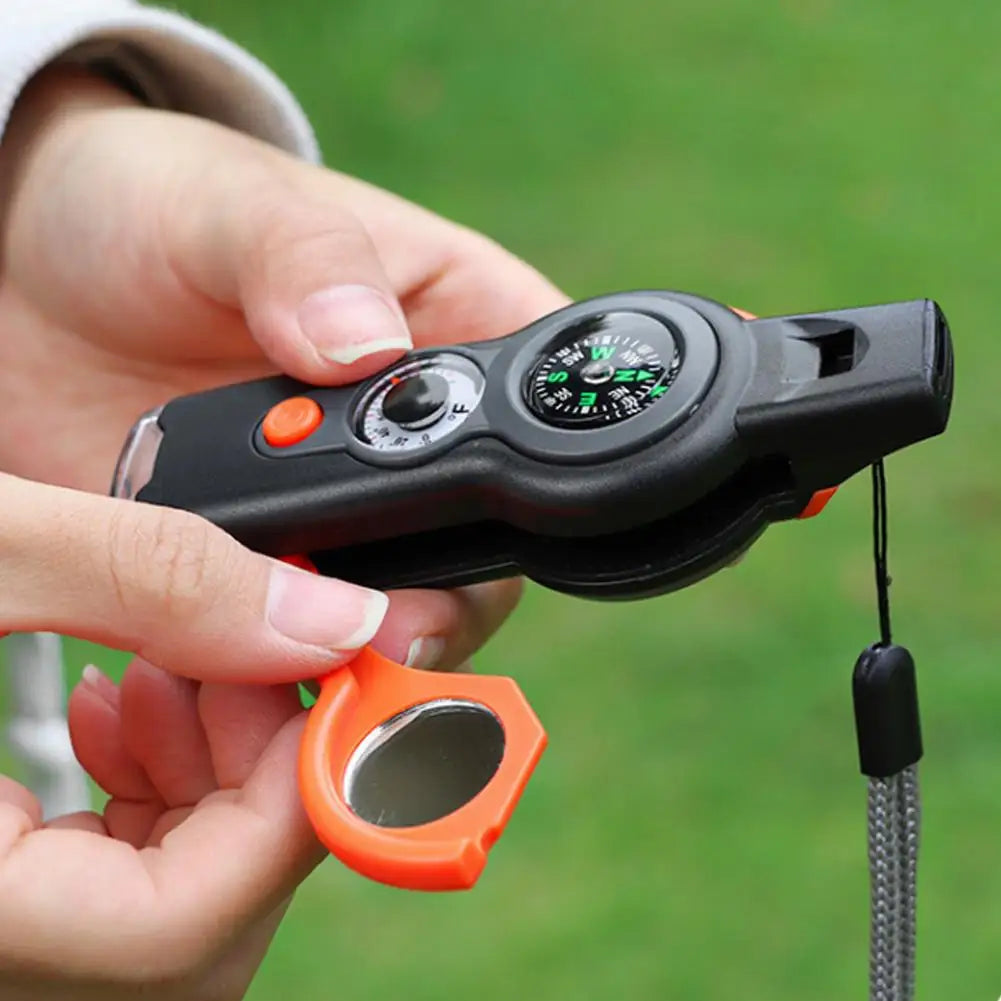 7in1 Emergency Survival Function Whistle Outdoor Multifunctional Survival Whistle with Lanyard Compass Flashlight Camping Hike ﻿