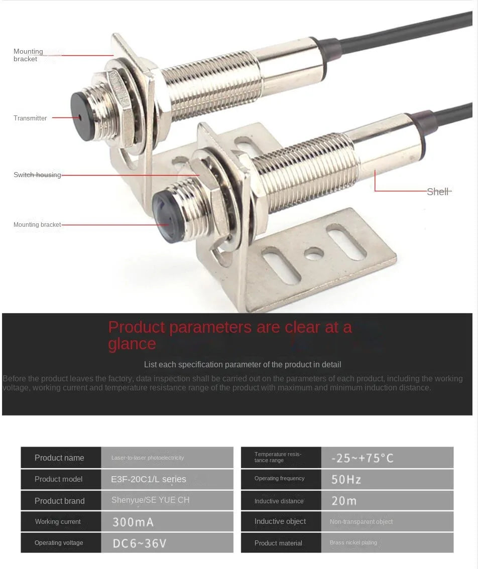 Laser Beam Photoelectric Inductive Switch Infrared Sensor 24v Three Wire Remotely Adjustable E3F-20C1/L
