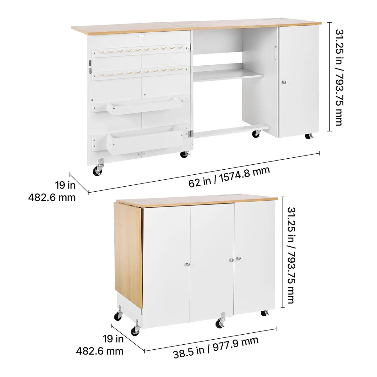 "Sewing Machine Table Cabinet with Wheels & Wooden Pegs-Folding Multipurpose Charging Station Compact Design"