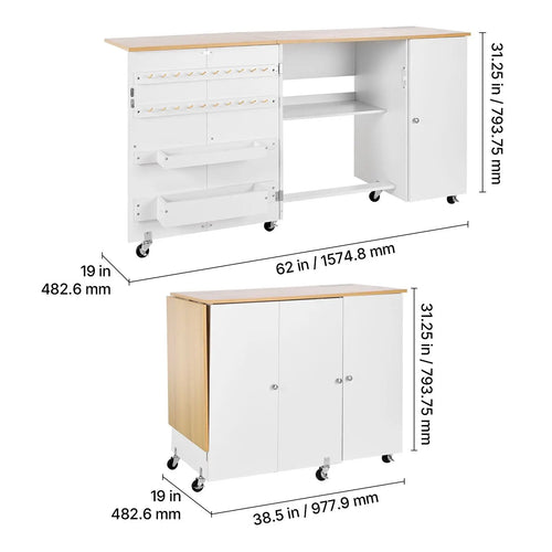 "Sewing Machine Table Cabinet with Wheels & Wooden Pegs-Folding Multipurpose Charging Station Compact Design"