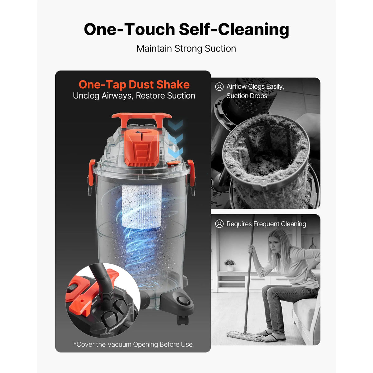 4.5 Peak HP 8 Gallon Wet Dry Shop Vac Portable 900W Input Power with One-Button Self-Cleaning Dual Filter for Household Use