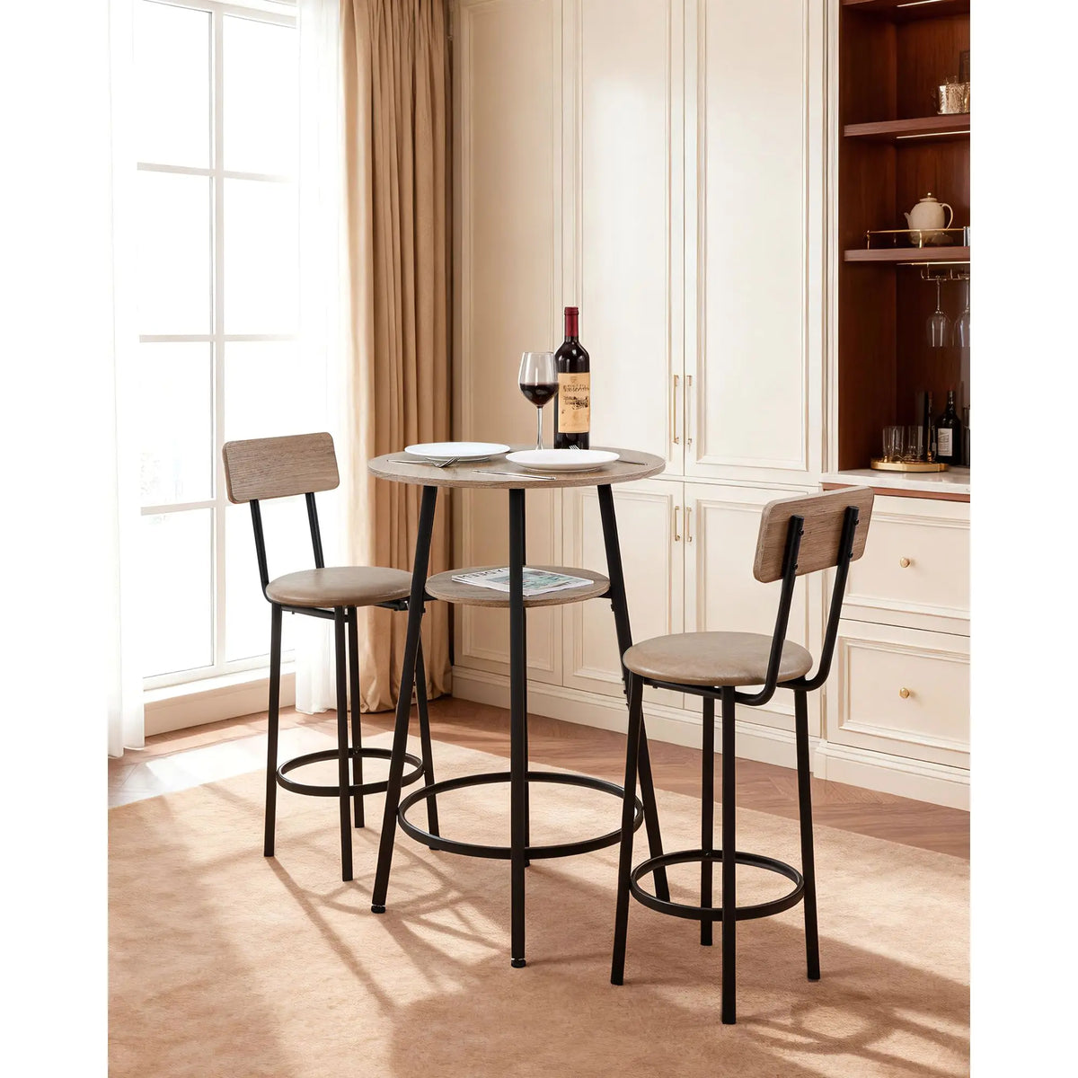 Set of 3pcs 23.5\" Rounded Corner Bar Tables with Two Stools Comfortable Pub Table Furniture