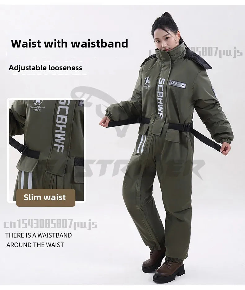 Winter Waterproof Windproof Ski Suit Thick Fleece Jumpsuit for Men Women, Cold Resistant Motorcycle Riding Suit