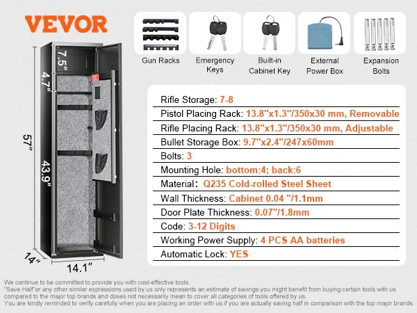 VEVOR 3-8 Rifles Gun Safe with Digital Keypad & Lock Gun Storage Cabinet with Removable Storage Shelf for Home Long Gun Pistols