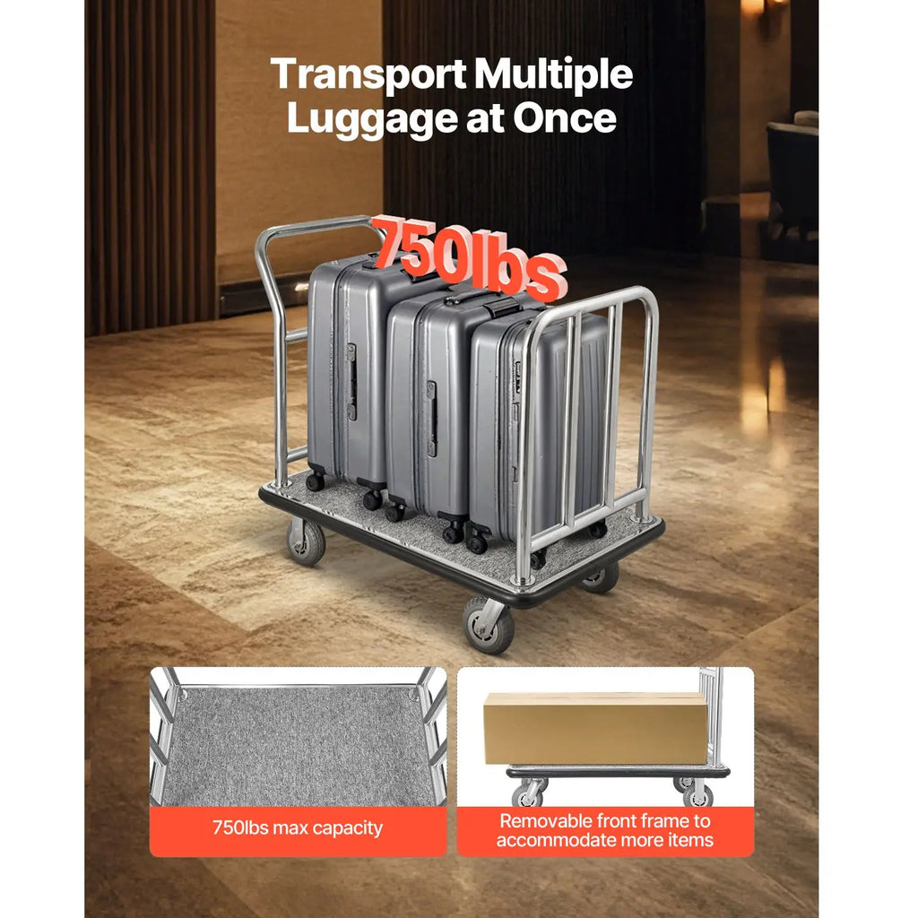Deluxe 750 LBS Load Capacity Hotel Luggage Cart with Grey Carpeted Deck and Removable Front Frame Luxury Valet Truck Design