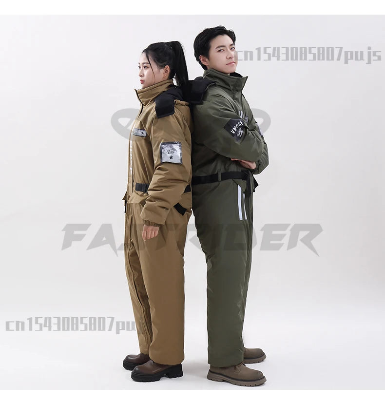 Winter Waterproof Windproof Ski Suit Thick Fleece Jumpsuit for Men Women, Cold Resistant Motorcycle Riding Suit