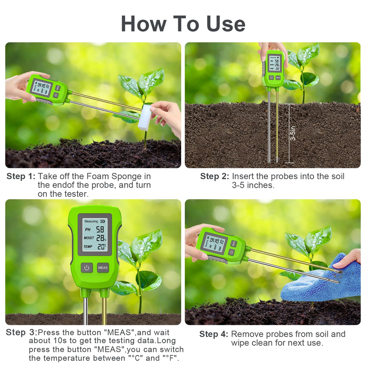 3 in 1 Digital LCD Soil Tester PH/Moisture/Temperature High Accuracy Soil Meter with Backlight for House Plants Garden Lawn Farm