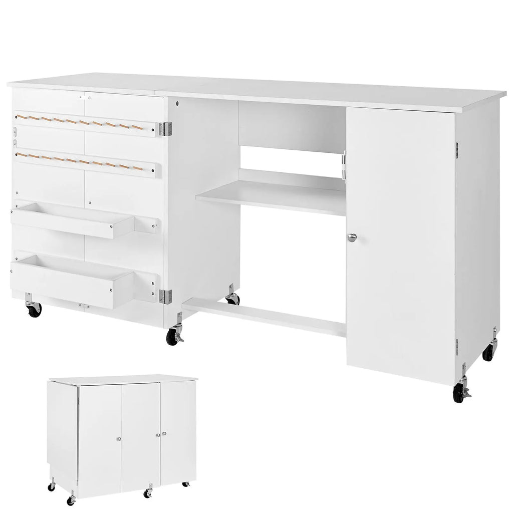 "Sewing Machine Table Cabinet with Foldable Design Compact Wheels Wooden Pegs & Storage Trays"