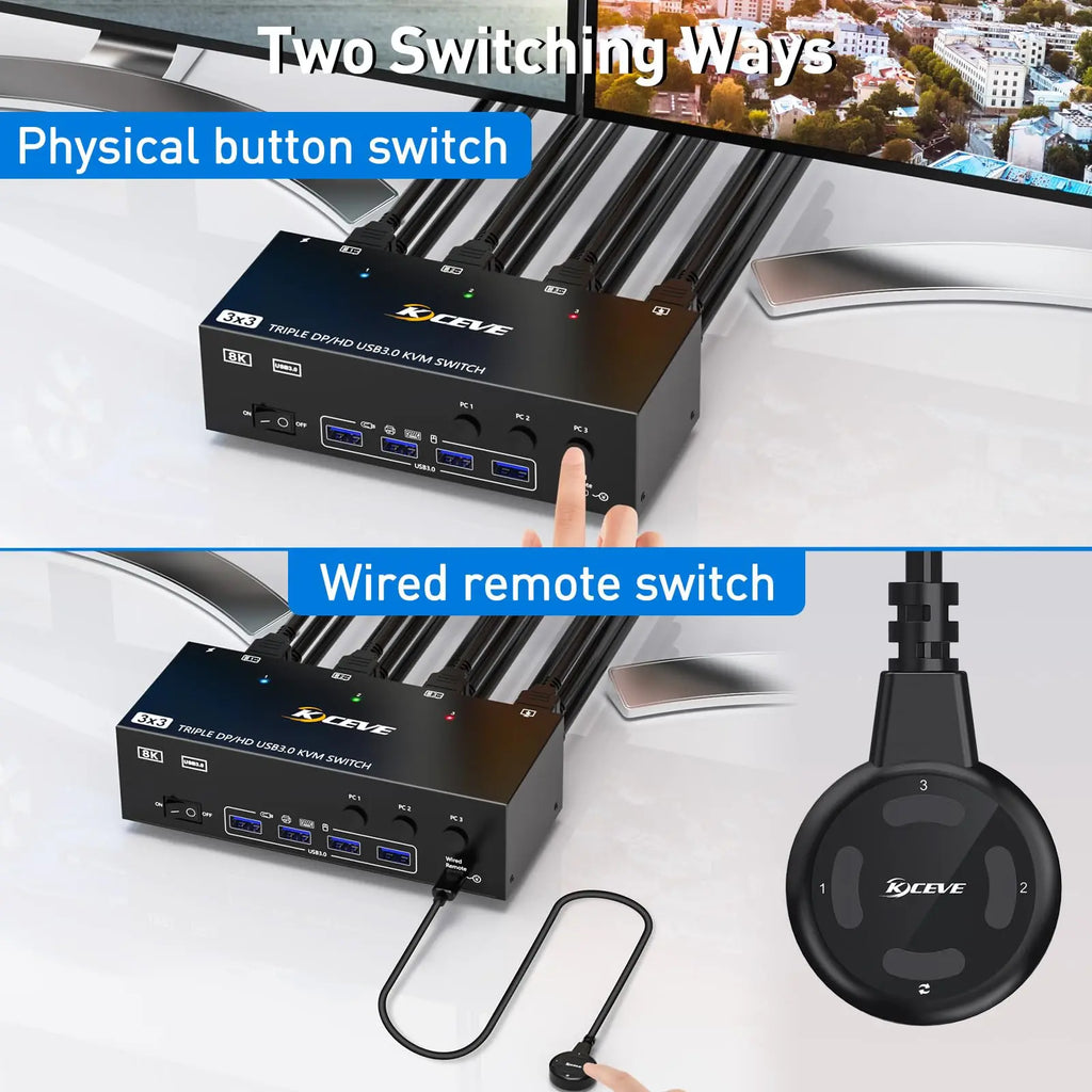 Triple/Dual HDMI/Displayport KVM Switch 3/2 Monitors 3/2 Computers USB 3.0 KVM for 8K@60Hz 4K@144Hz With 4 USB3.0 Keyboard Mouse