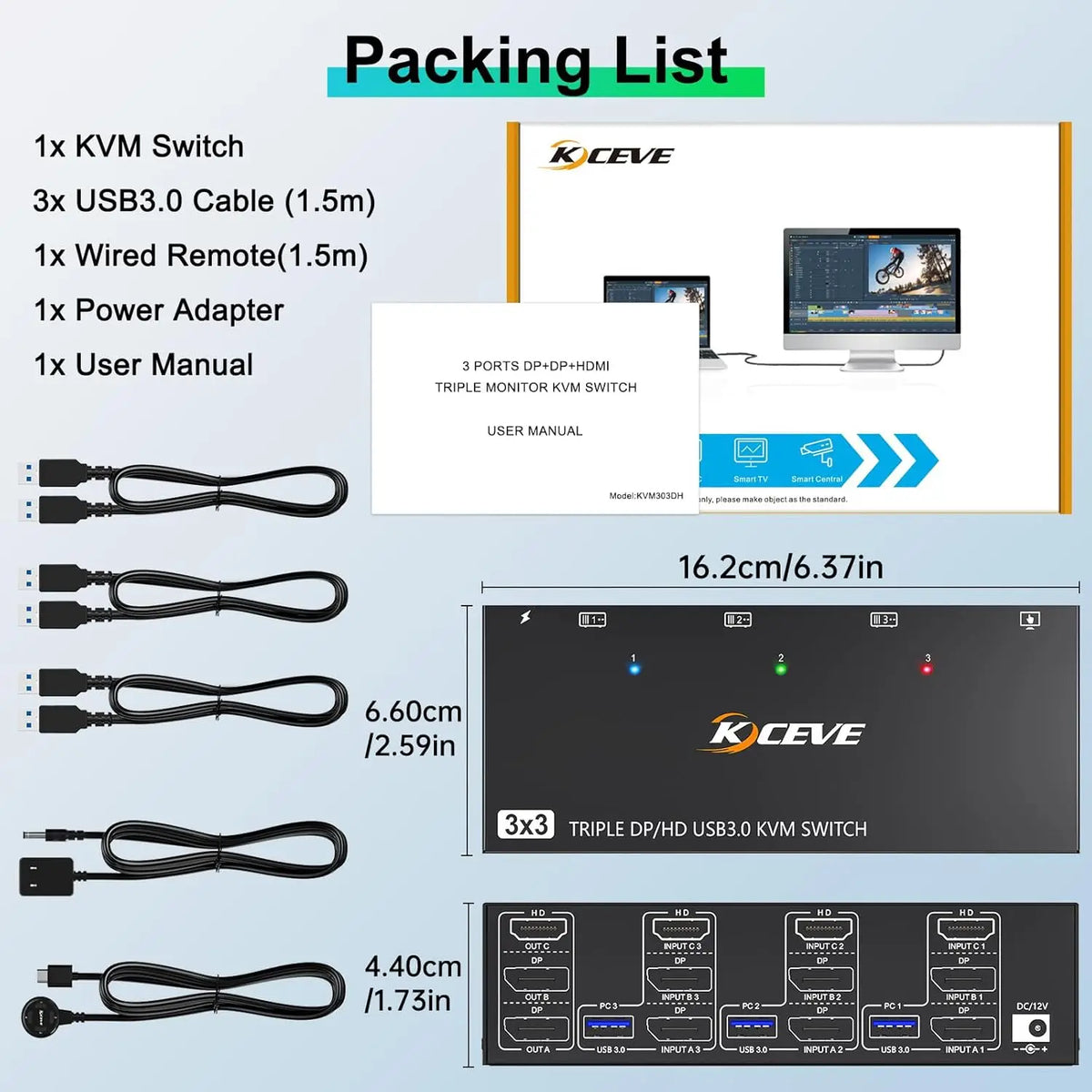 Triple/Dual HDMI/Displayport KVM Switch 3/2 Monitors 3/2 Computers USB 3.0 KVM for 8K@60Hz 4K@144Hz With 4 USB3.0 Keyboard Mouse
