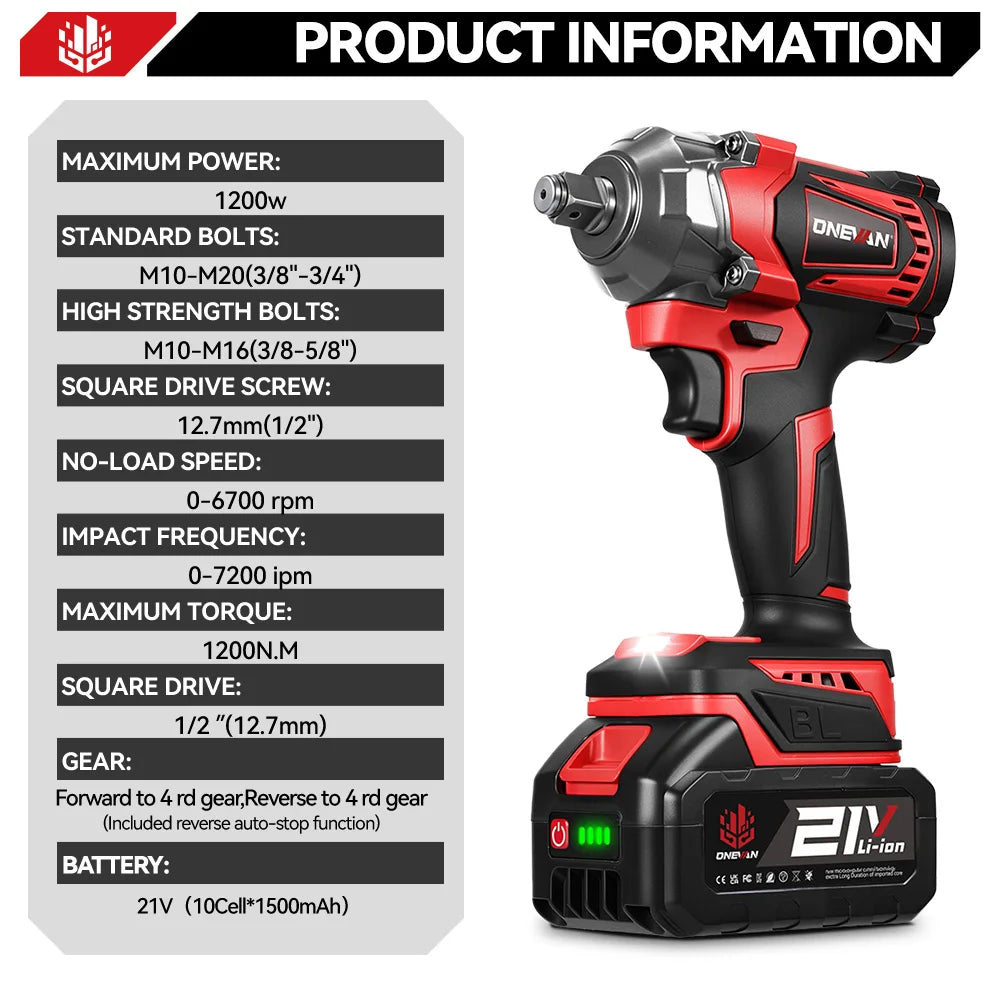 ONEVAN 1200N.M Torque Brushless Electric Impact Wrench 1/2Inch Cordless Wrench Screwdriver Power Tool For Makita 18V Battery Pin