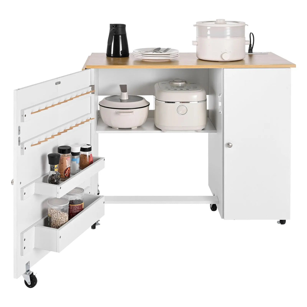 "Sewing Machine Table Cabinet with Wheels & Wooden Pegs-Folding Multipurpose Charging Station Compact Design"