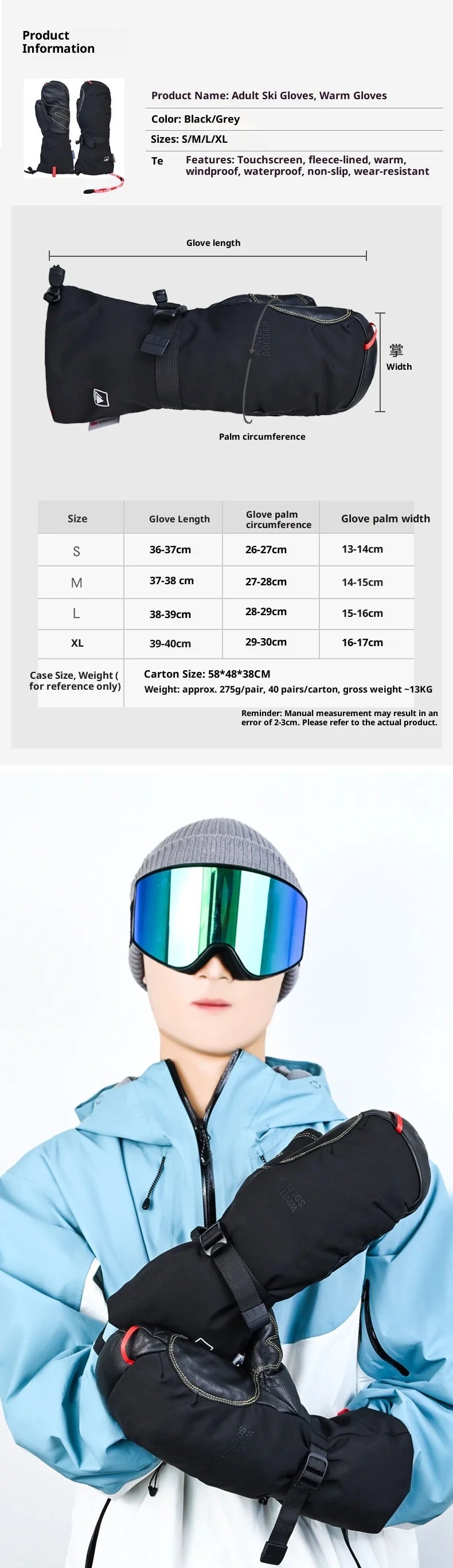 Professional Down Skiing Gloves With Winter Touch Screen Thickened Velvet Wear-Resistant Windproof Waterproof Skiing Gloves