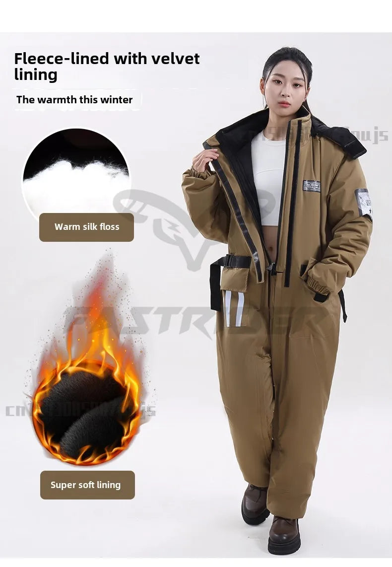 Winter Waterproof Windproof Ski Suit Thick Fleece Jumpsuit for Men Women, Cold Resistant Motorcycle Riding Suit