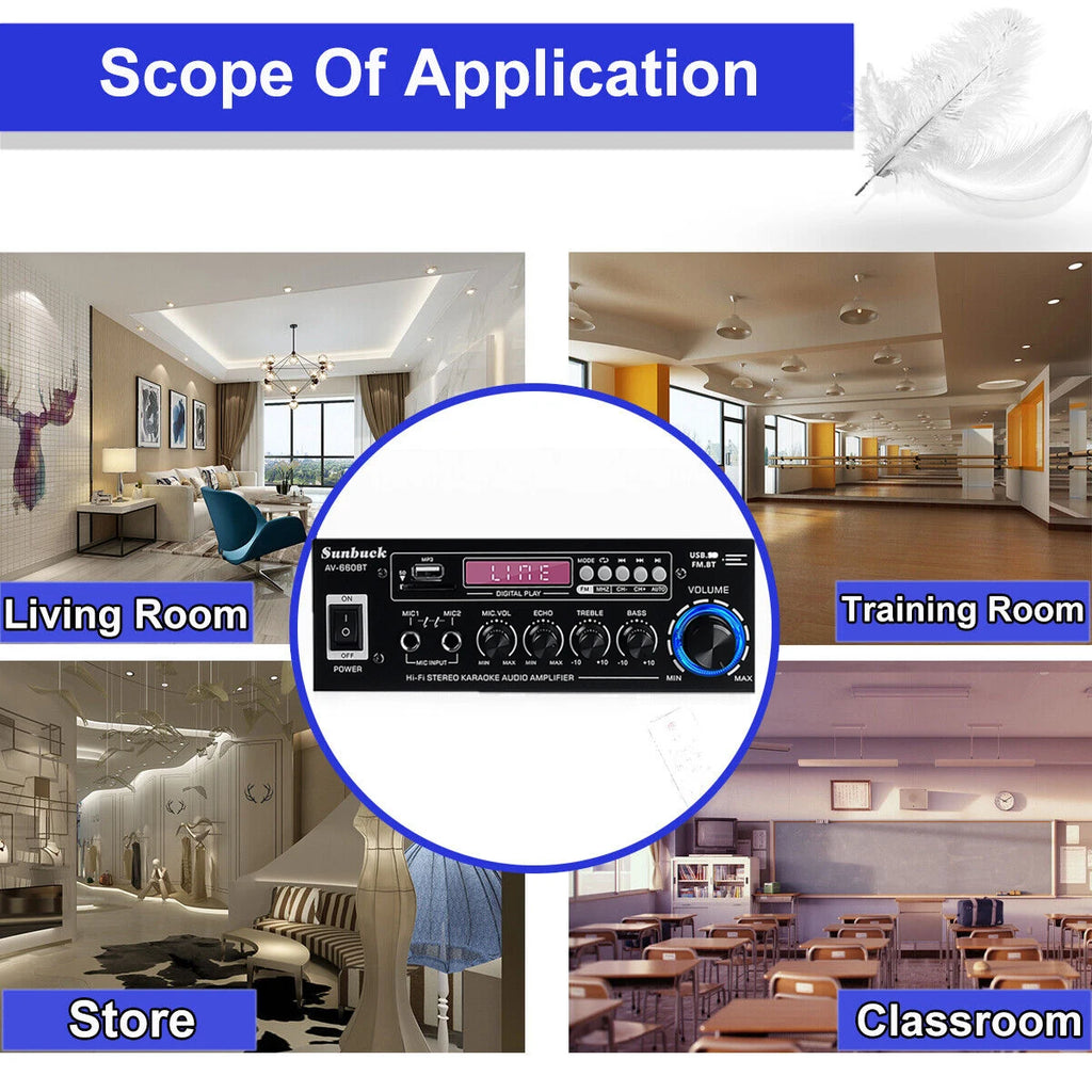 SUNBUCK AV-660BT Sound Amplifier CH 2.1 Power Amplifiers For Home Car Meeting Theater AMP Support EQ FM USB SD Card 2 Mic Input