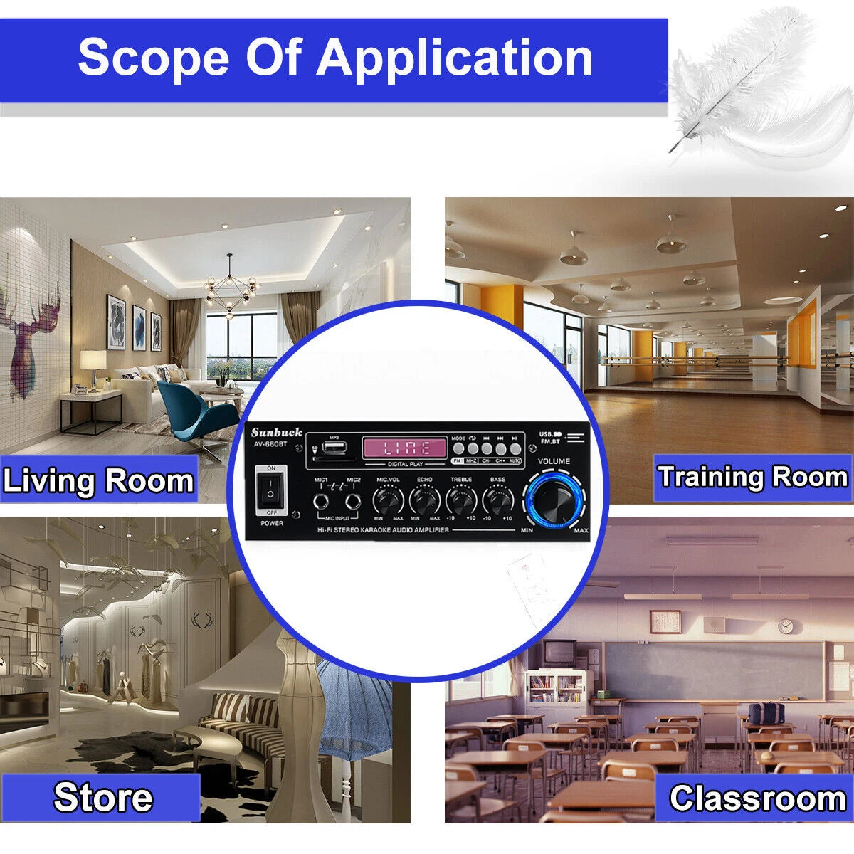 SUNBUCK AV-660BT Sound Amplifier CH 2.1 Power Amplifiers For Home Car Meeting Theater AMP Support EQ FM USB SD Card 2 Mic Input