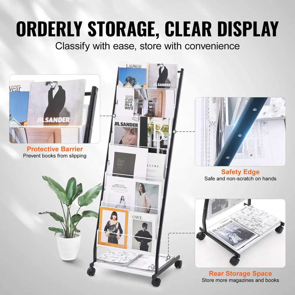 6-Tier Floor Standing Magazine Rack Display Stand Brochure and Newspaper Catalog Holder Mobile and Convenient