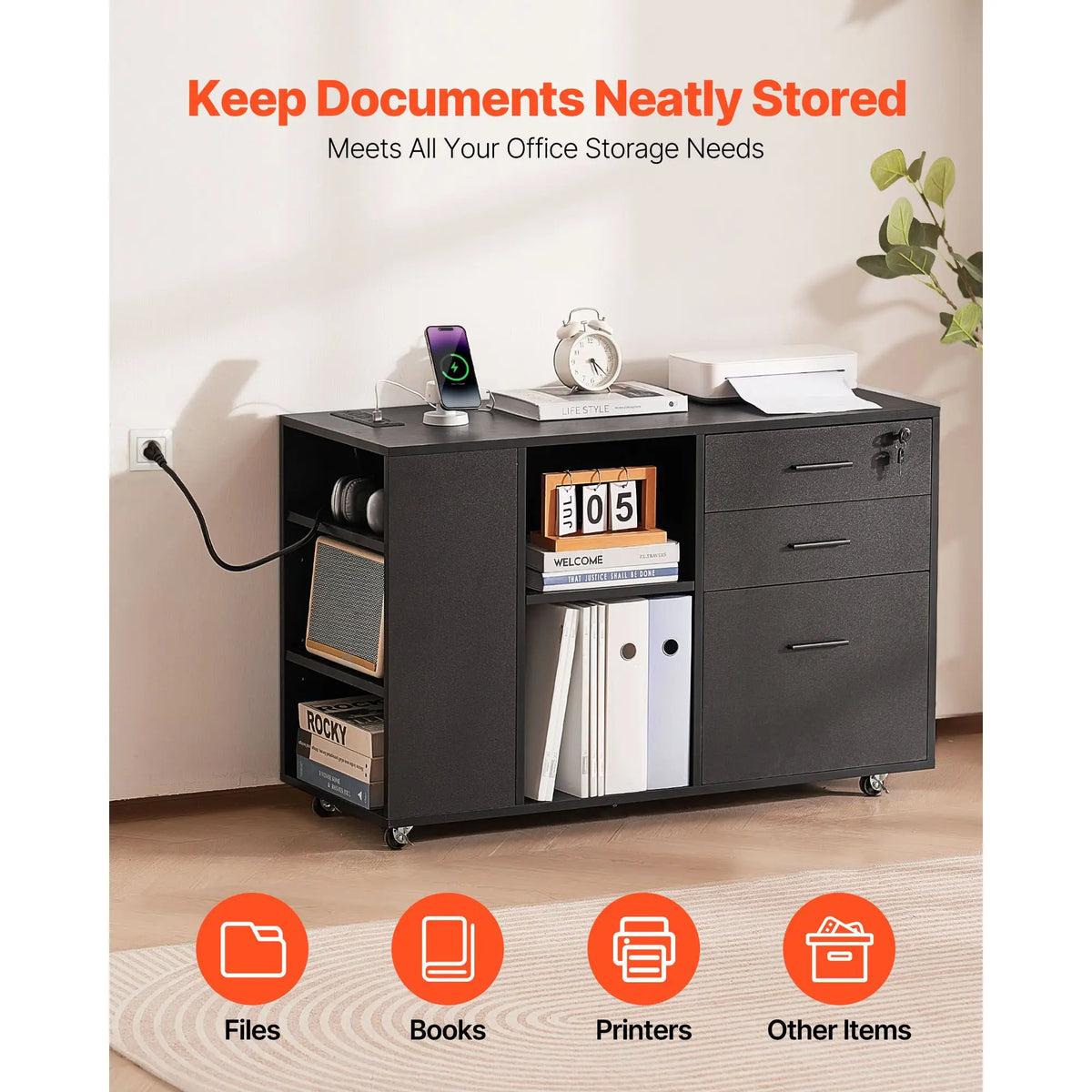 "Lockable Metal Rolling File Cabinet with 3 Drawers Power Strip & Adjustable Shelves"