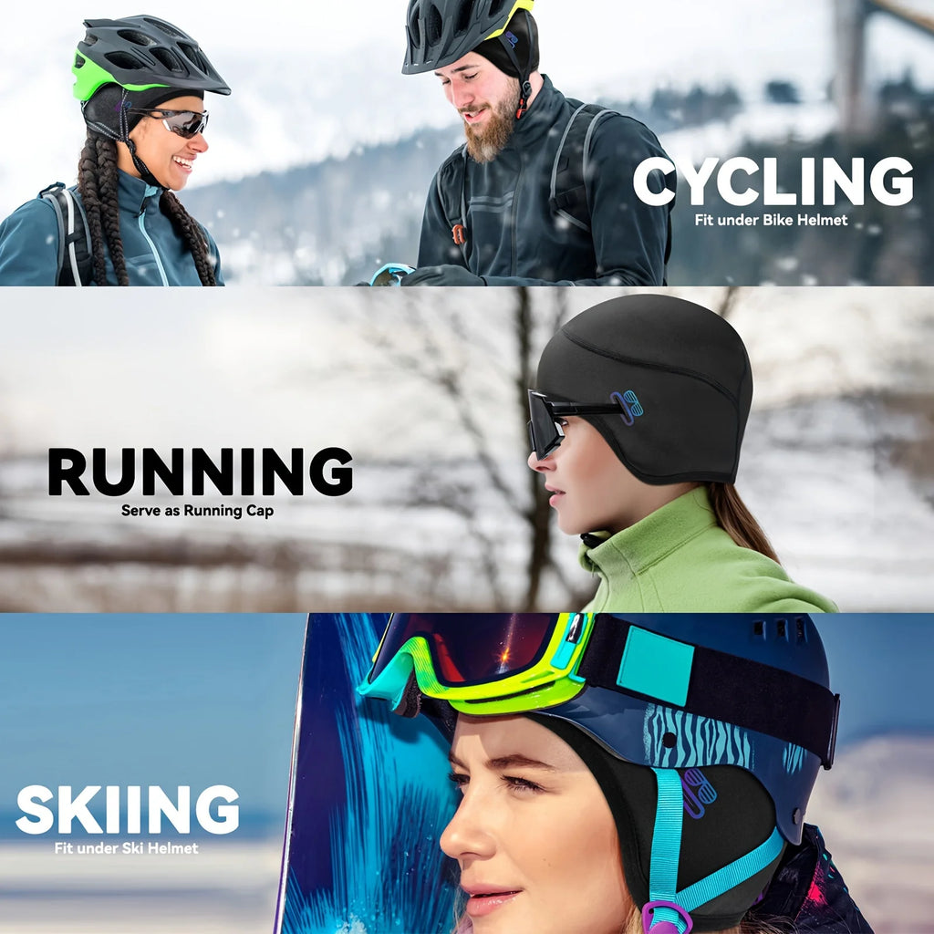 Winter Warm Cycling Skiing Cap with Glasses Holes, Cycling Helmet Liner for Men & Women Skiing Hat Liner