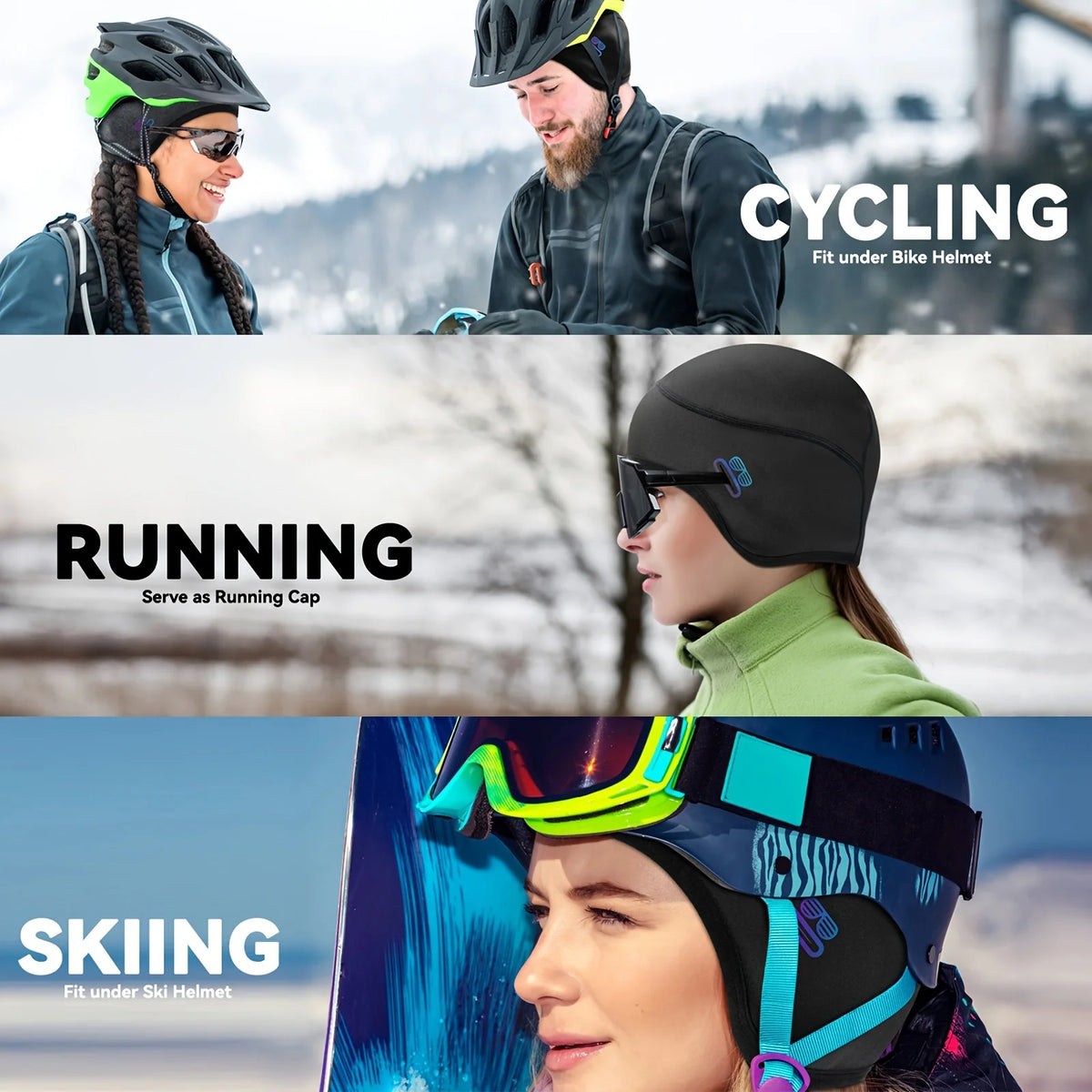 Winter Warm Cycling Skiing Cap with Glasses Holes, Cycling Helmet Liner for Men & Women Skiing Hat Liner