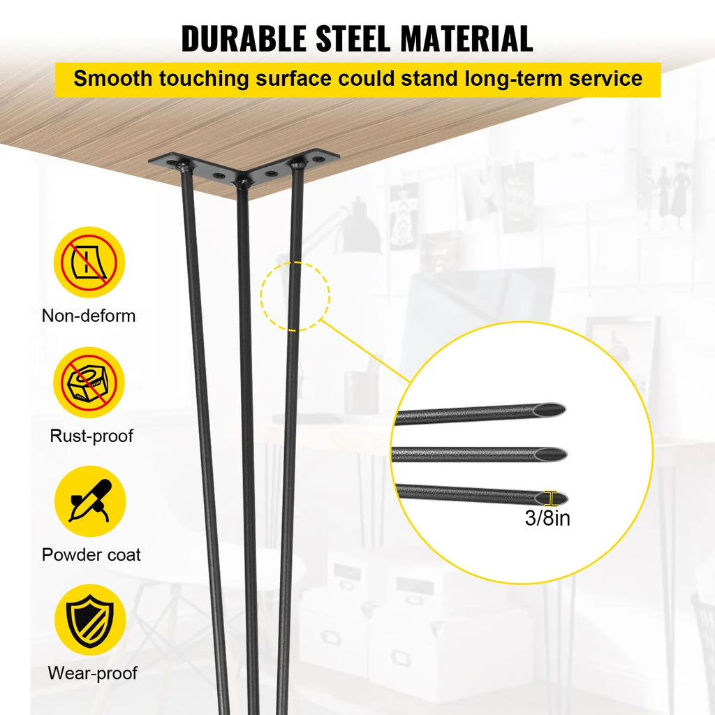 24\" Black Hairpin Table Legs Set of 4 880lbs Load Capacity (220lbs Each) Hairpin Desk Legs 3 Rods Bench Desk Dining for Parks