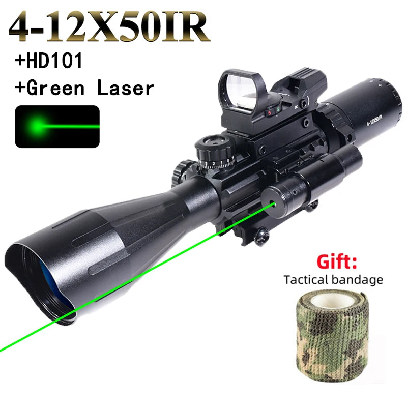 4-12X50ir Scope Red Green Two Color Illumination with HD101 HD103 4 Points Reticle Red Dot Optics Sight Hunting Combo