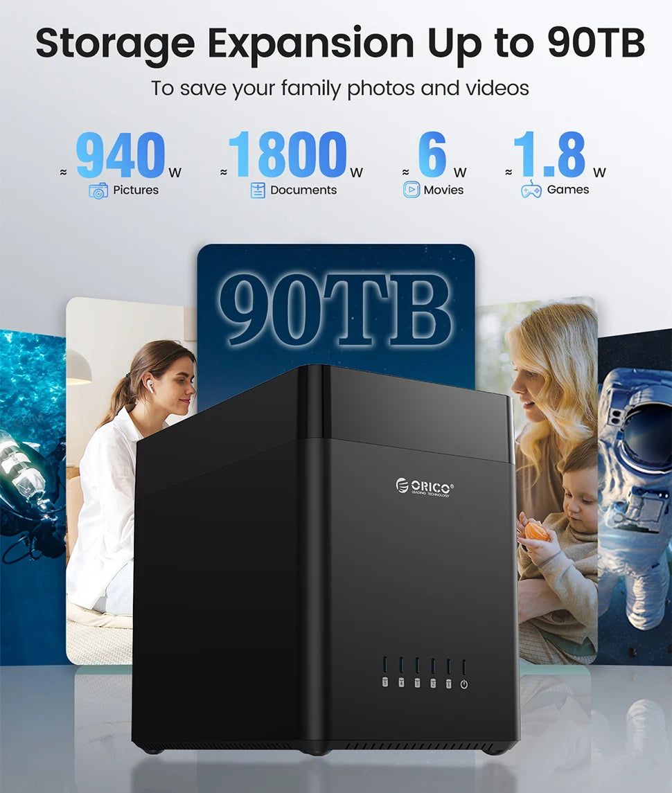 ORICO 5 Bay 3.5" SATA Hard Drive Enclosure HDD Docking Station USB 3.0 Type C External HD Case 90TB Storage Expansion 12V/6.5A