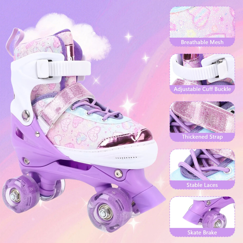 Tomshoo Roller Skates for Kids Girls Ages 6-12 4Size Adjustable Flashing Wheel ABEC Bearing Triple Protection for Outdoor Indoor