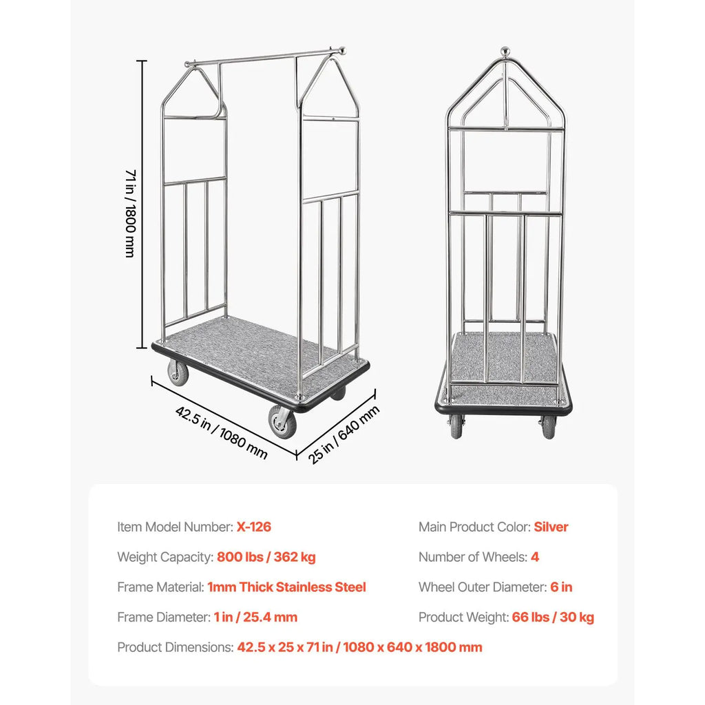 800 LBS Load Capacity Hotel Bellman Cart Brushed Stainless Steel with Grey Carpeted Deck FT s Cart Valet Trolley
