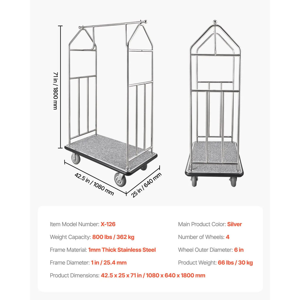 800 LBS Load Capacity Hotel Bellman Cart Brushed Stainless Steel with Grey Carpeted Deck FT s Cart Valet Trolley