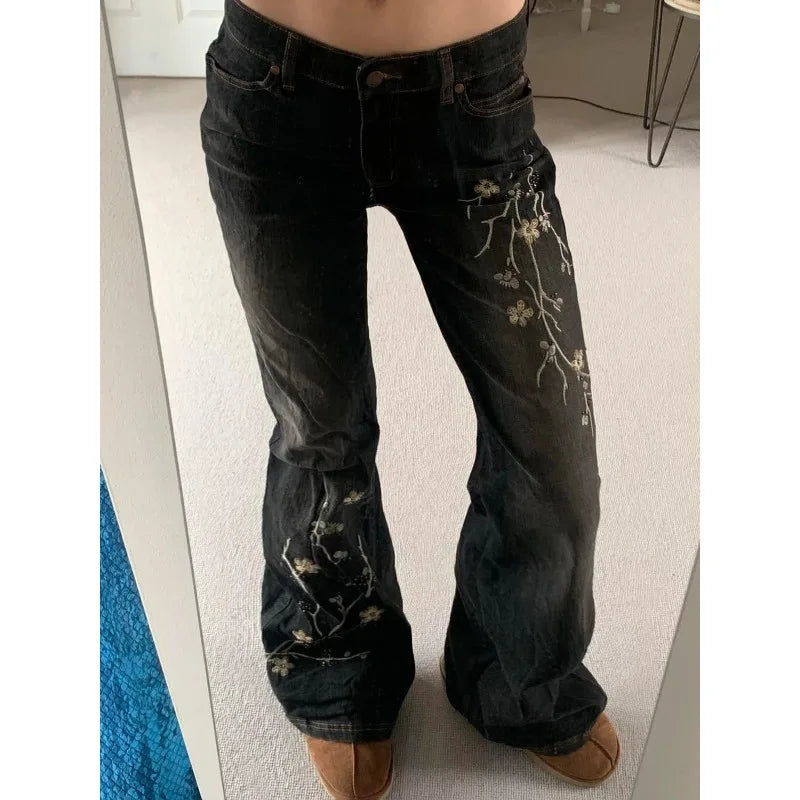 Weekeep Floral Embroidery Jeans Vintage 2000s Low Rise Flared Jeans Women Retro  Baggy Denim Pants High Street Basic Trousers