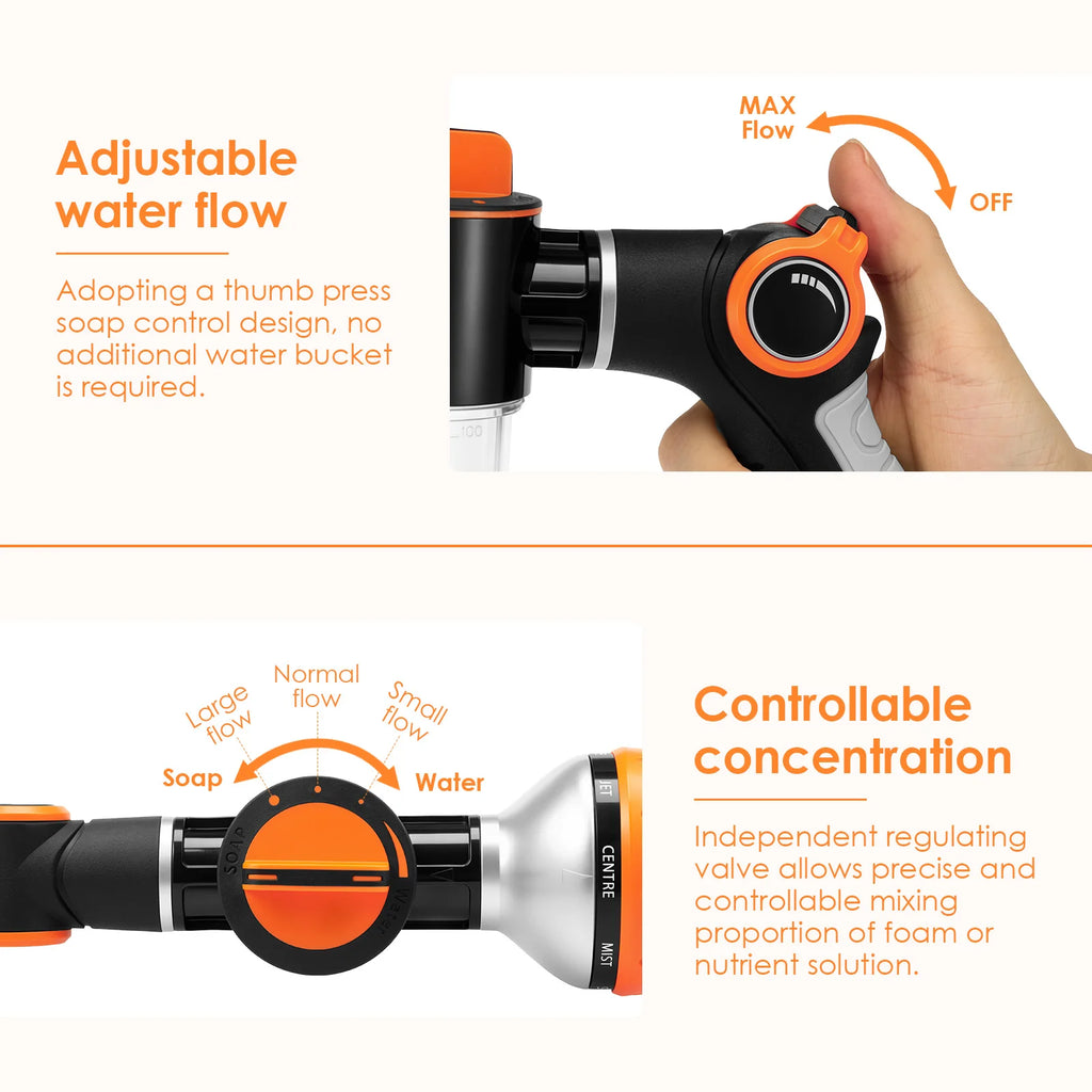 Dog Wash Hose Attachment 8 Pattern Spray Nozzle Thumb Control Pet Shower Sprayer Foam Soap Dispenser For Yard Car Washing