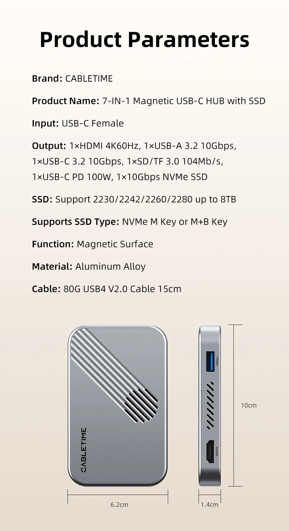 CABLETIME USB C HUB  7 IN 1 with NVMe SSD Magnetic 4K ProRes Video Recording SD/TF 3.0 Strong Magnetic Attachment for iPhone 17