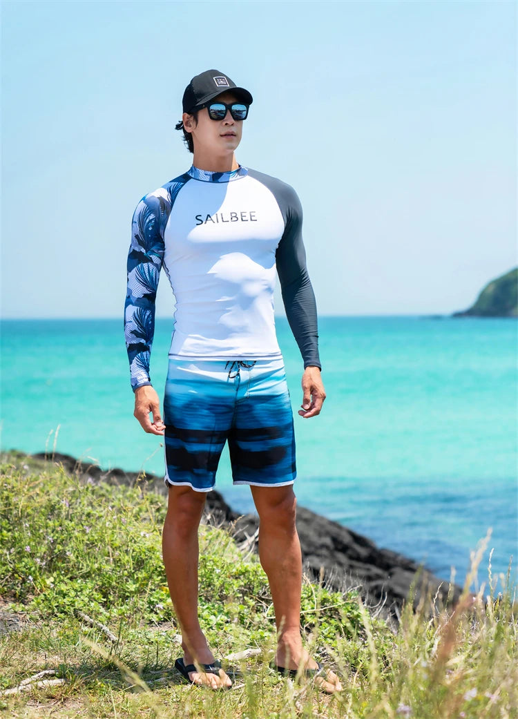 SAILBEE Men UV Protect Swimwear Long Sleeve Swimsuit Mens Rashguard Surfing Rash Guard Surf Shirt For Swimming Sail Drop Ship