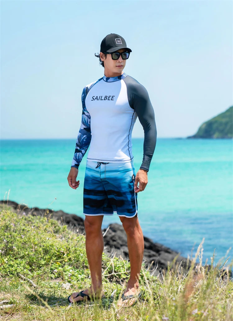 SAILBEE Men UV Protect Swimwear Long Sleeve Swimsuit Mens Rashguard Surfing Rash Guard Surf Shirt For Swimming Sail Drop Ship