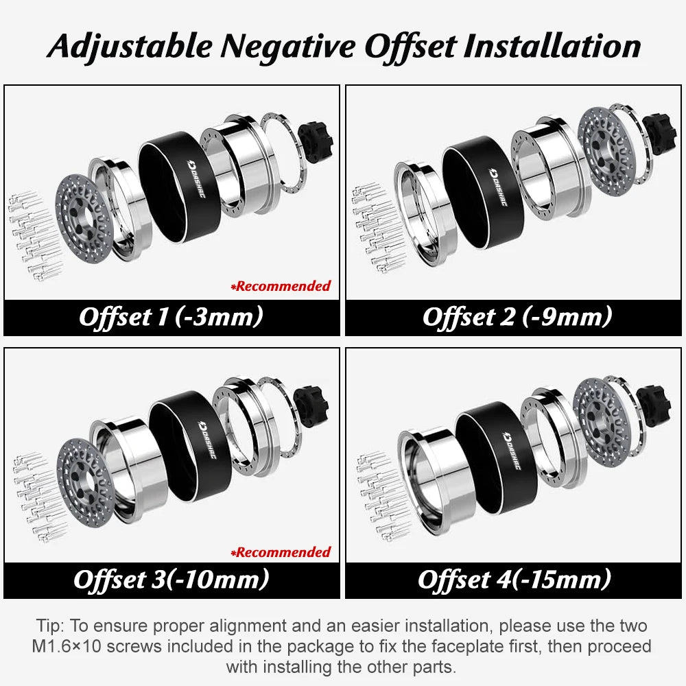 DashRC 1.9" Beadlock Wheels Aluminum Negative Offset Rims 4PCS for 1/10 RC Crawler SCX10 TRX4 TRX6 RC4WD D90