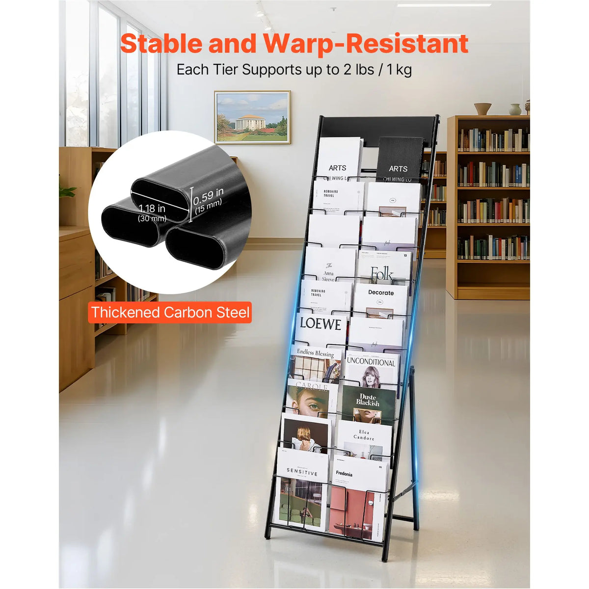 Portable 20-Pocket Brochure Display Rack Floor-Standing Metal Magazine and Newspaper Rack for Literature Display