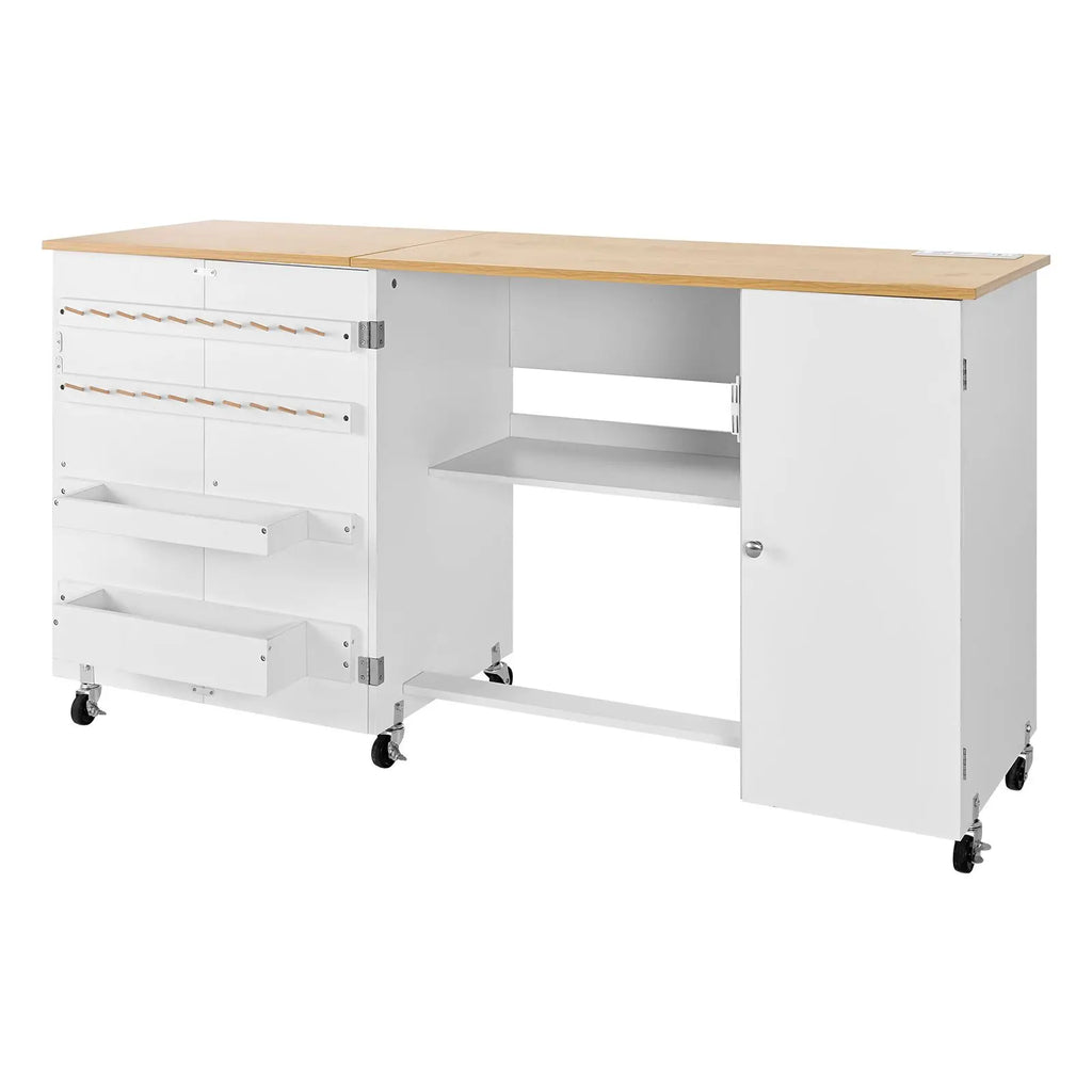 "Sewing Machine Table Cabinet with Wheels & Wooden Pegs-Folding Multipurpose Charging Station Compact Design"