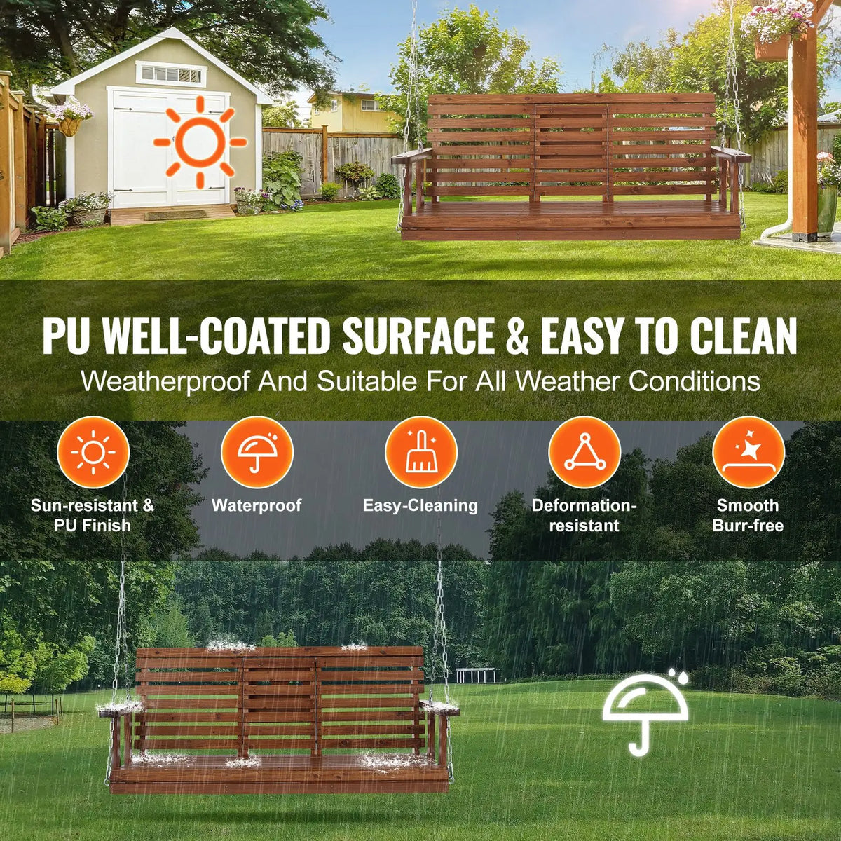 Upgraded 5 ft Wooden Porch Swing Heavy Duty Patio Bench Swing with 880 Lbs Load Capacity for Courtyard Garden for Indoor Use