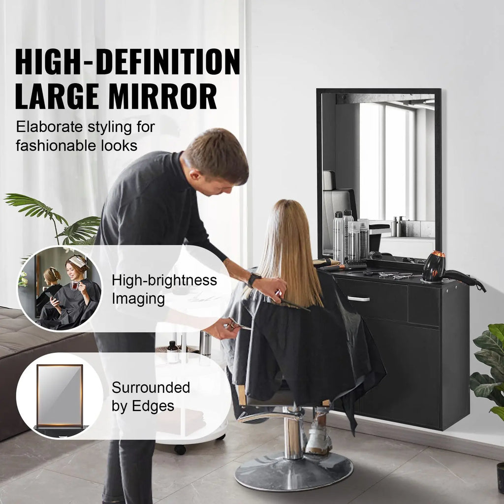 Wall Hanging Salon Organizer for Hairdressers Durable 3-Holders Mirror with Dual Door Storage and Single Drawer for Mall Use
