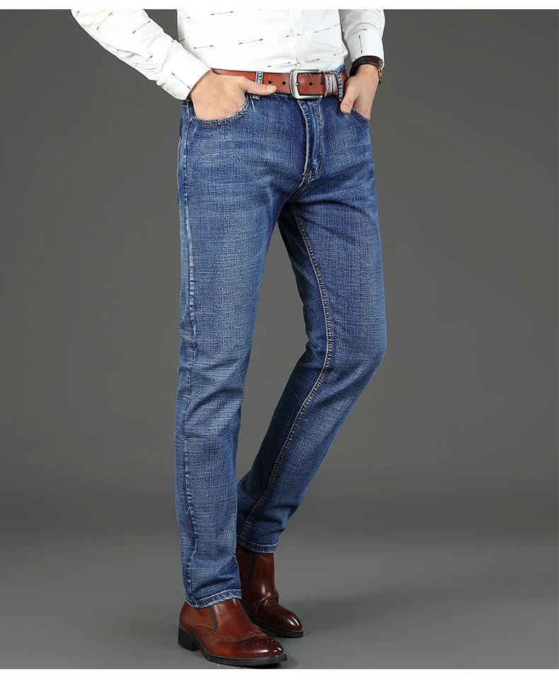 2026 New Spring Autumn Men Classic Jeans Business Fashion Straight Regular Blue Stretch Denim Trousers Men's Smart Jeans