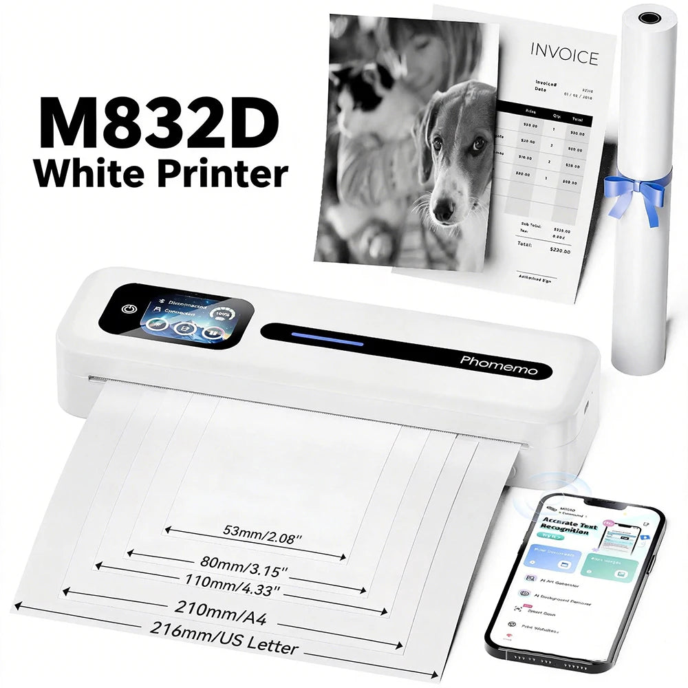 Phomemo M832D Touchscreen Portable Printer Thermal Inkless Supports Prints A4 & US Letter,Compatible with iOS/Android/PC