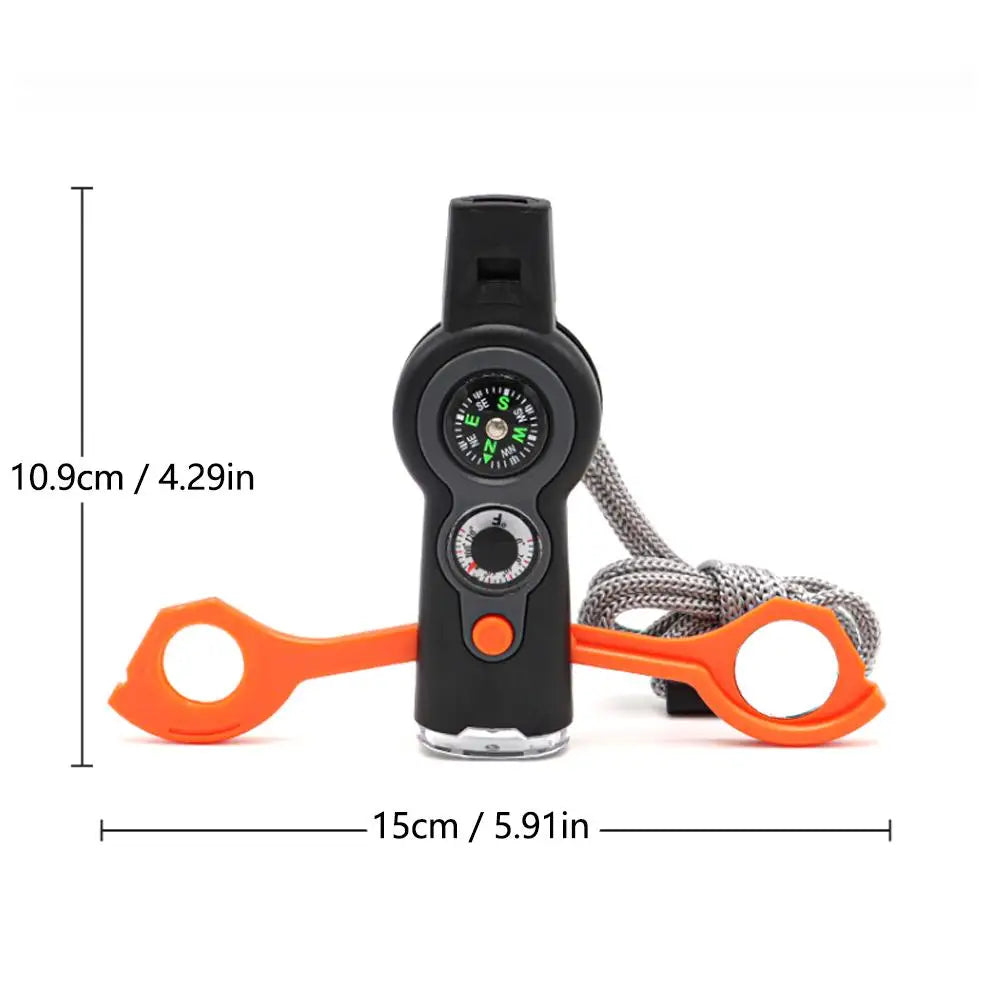 7in1 Emergency Survival Function Whistle Outdoor Multifunctional Survival Whistle with Lanyard Compass Flashlight Camping Hike ﻿
